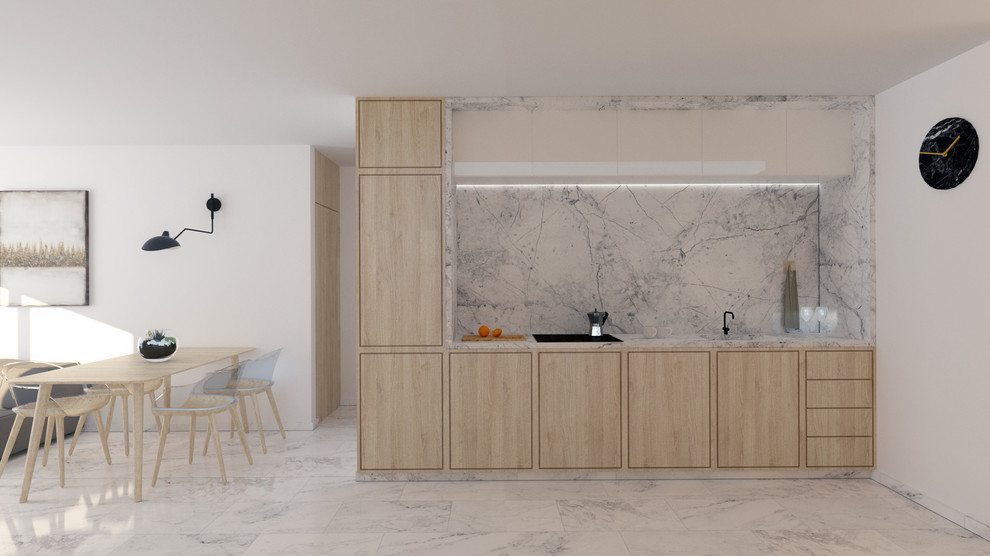 Bild på ett litet skandinaviskt vit linjärt vitt kök med öppen planlösning, med en integrerad diskho, släta luckor, skåp i ljust trä, marmorbänkskiva, vitt stänkskydd, stänkskydd i marmor, integrerade vitvaror, marmorgolv och vitt golv