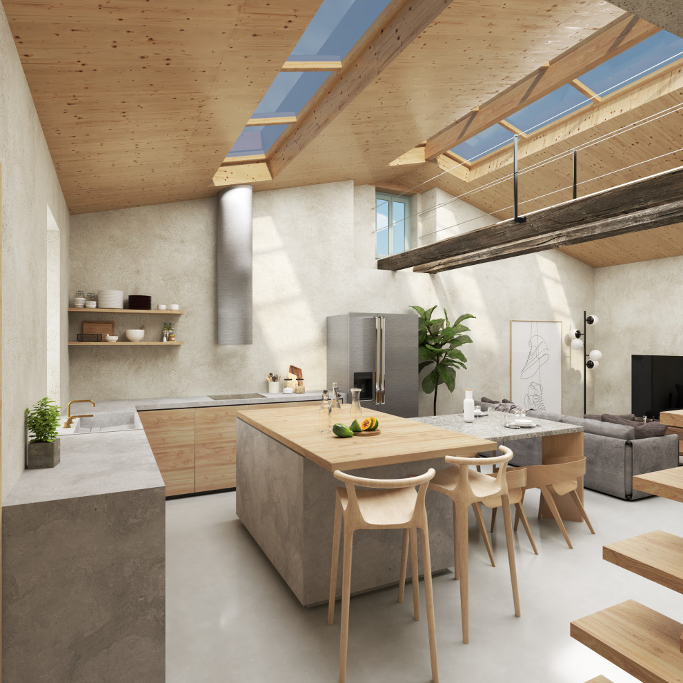 Inspiration for a medium sized scandi kitchen/diner in Other with an integrated sink, flat-panel cabinets, light wood cabinets, concrete worktops, stainless steel appliances, concrete flooring, an island and a wood ceiling.