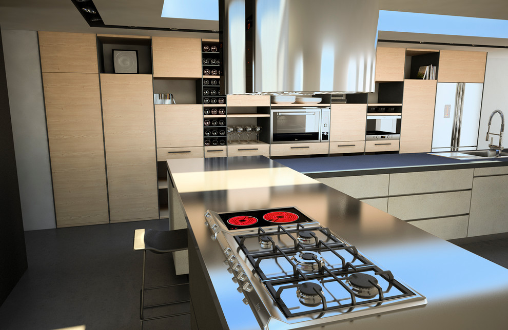 Идея дизайна: большая параллельная кухня-гостиная в современном стиле с светлыми деревянными фасадами, техникой из нержавеющей стали и островом
