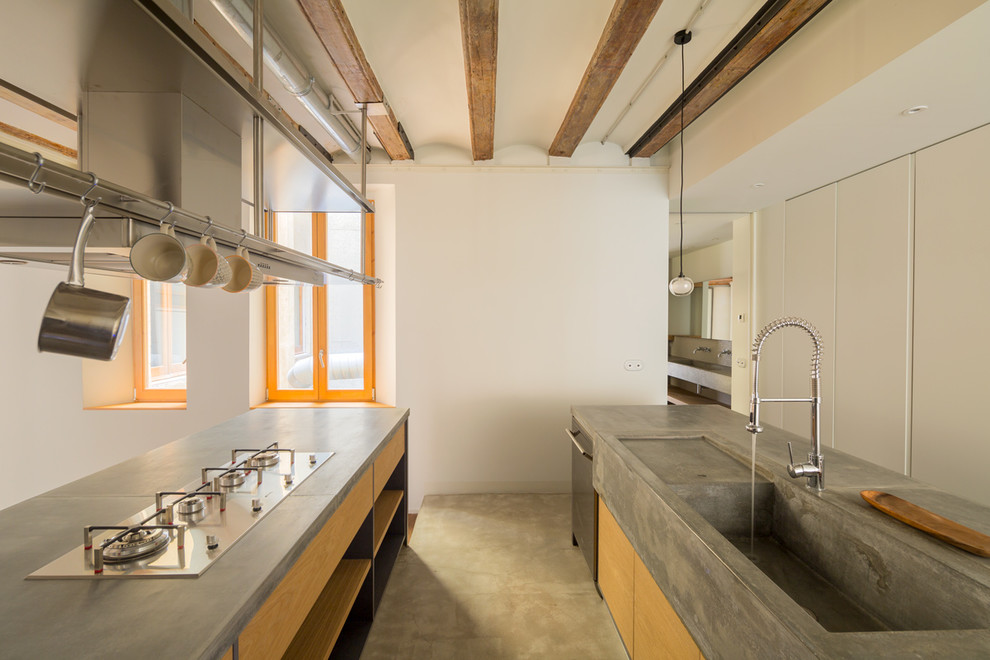 На фото: большая прямая кухня-гостиная в стиле лофт с монолитной мойкой, плоскими фасадами, фасадами цвета дерева среднего тона и островом с