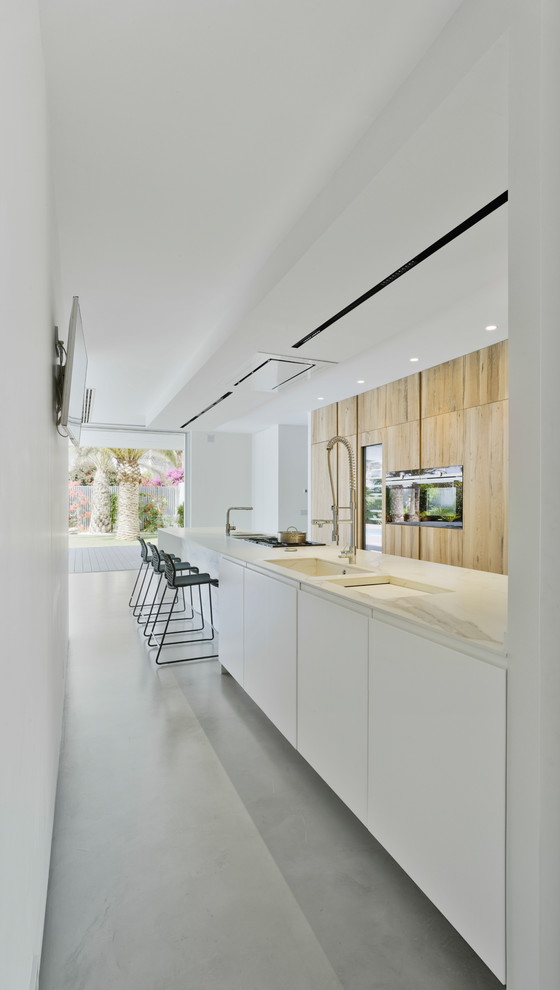 На фото: большая прямая кухня-гостиная в современном стиле с плоскими фасадами, фасадами цвета дерева среднего тона и полуостровом
