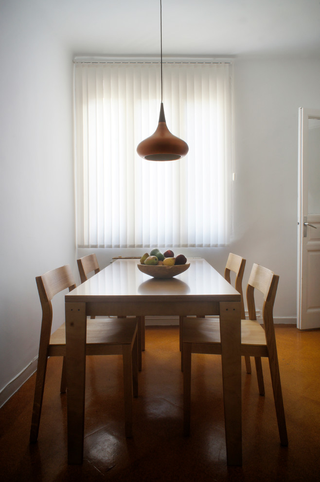 Inspiration for a small scandinavian enclosed dining room in Madrid with white walls, ceramic flooring and no fireplace.