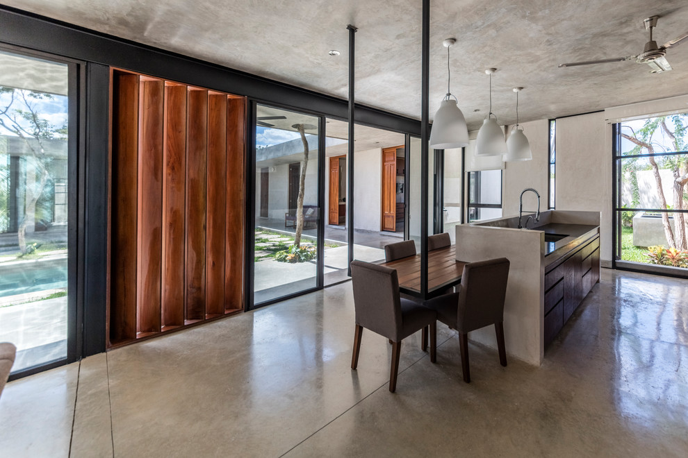 Moderne Wohnküche mit grauer Wandfarbe, Betonboden und grauem Boden in Mexiko Stadt