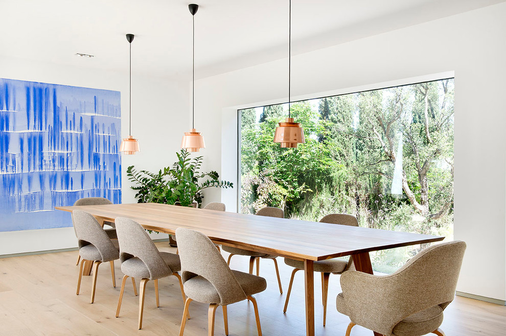 Example of a trendy beige floor and light wood floor dining room design in Madrid with white walls and no fireplace