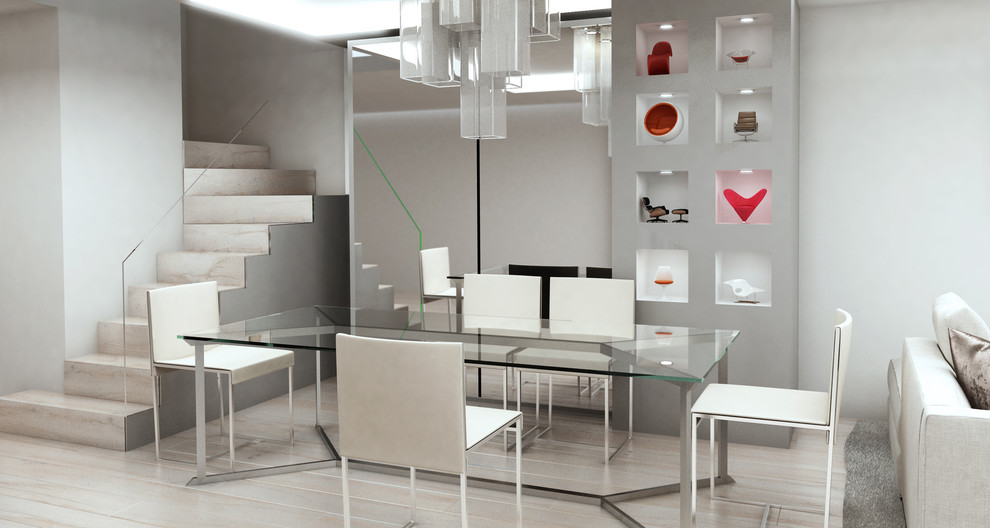 Diseño de comedor minimalista de tamaño medio abierto con paredes blancas, suelo de madera clara y suelo beige