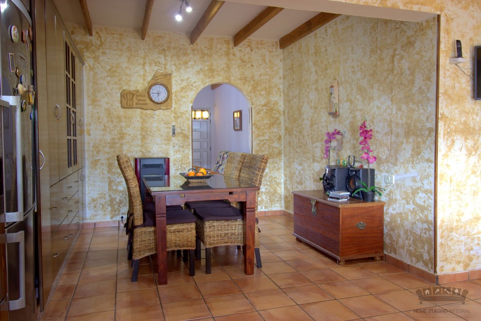 Inspiration for an expansive rural kitchen/dining room in Other with beige walls, terracotta flooring and brown floors.
