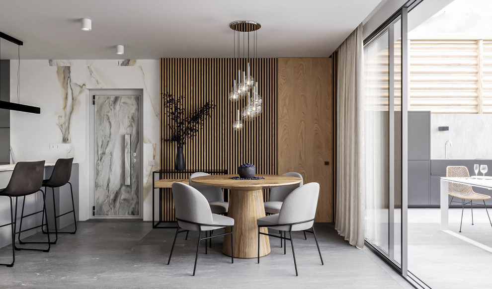 Источник вдохновения для домашнего уюта: гостиная-столовая среднего размера в стиле модернизм с бежевыми стенами, полом из керамогранита, горизонтальным камином, фасадом камина из металла, серым полом и деревянными стенами