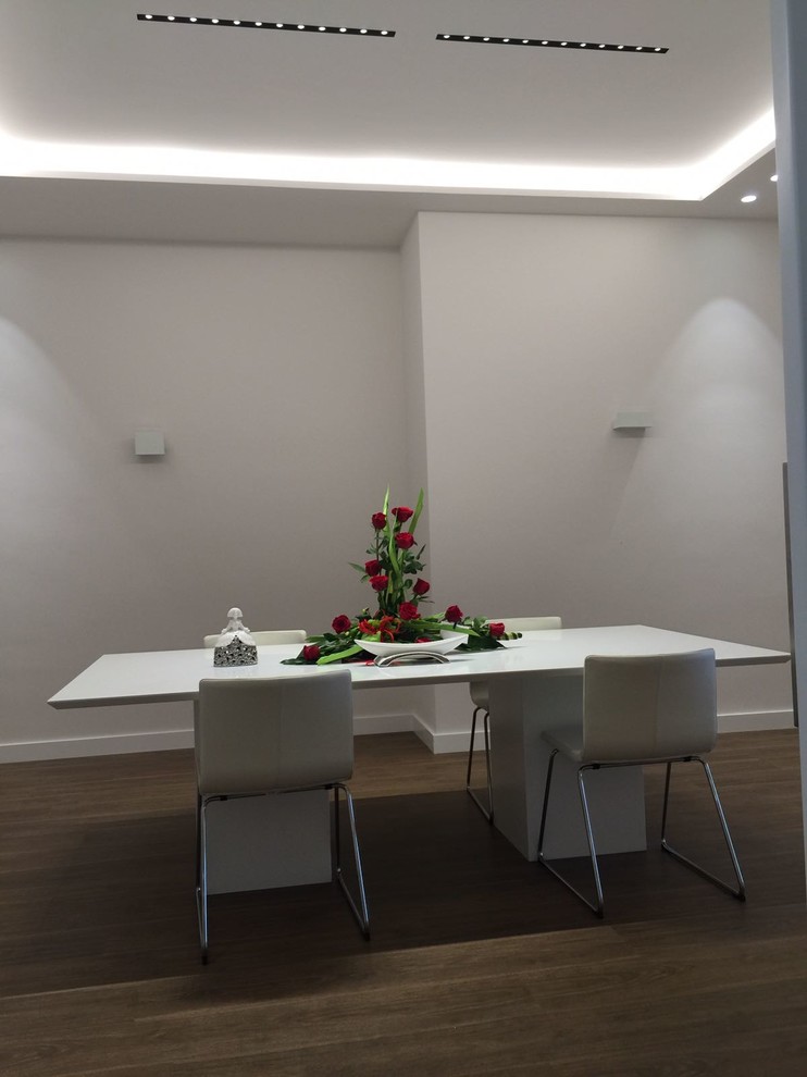 Foto di una sala da pranzo moderna di medie dimensioni con pareti bianche e parquet scuro