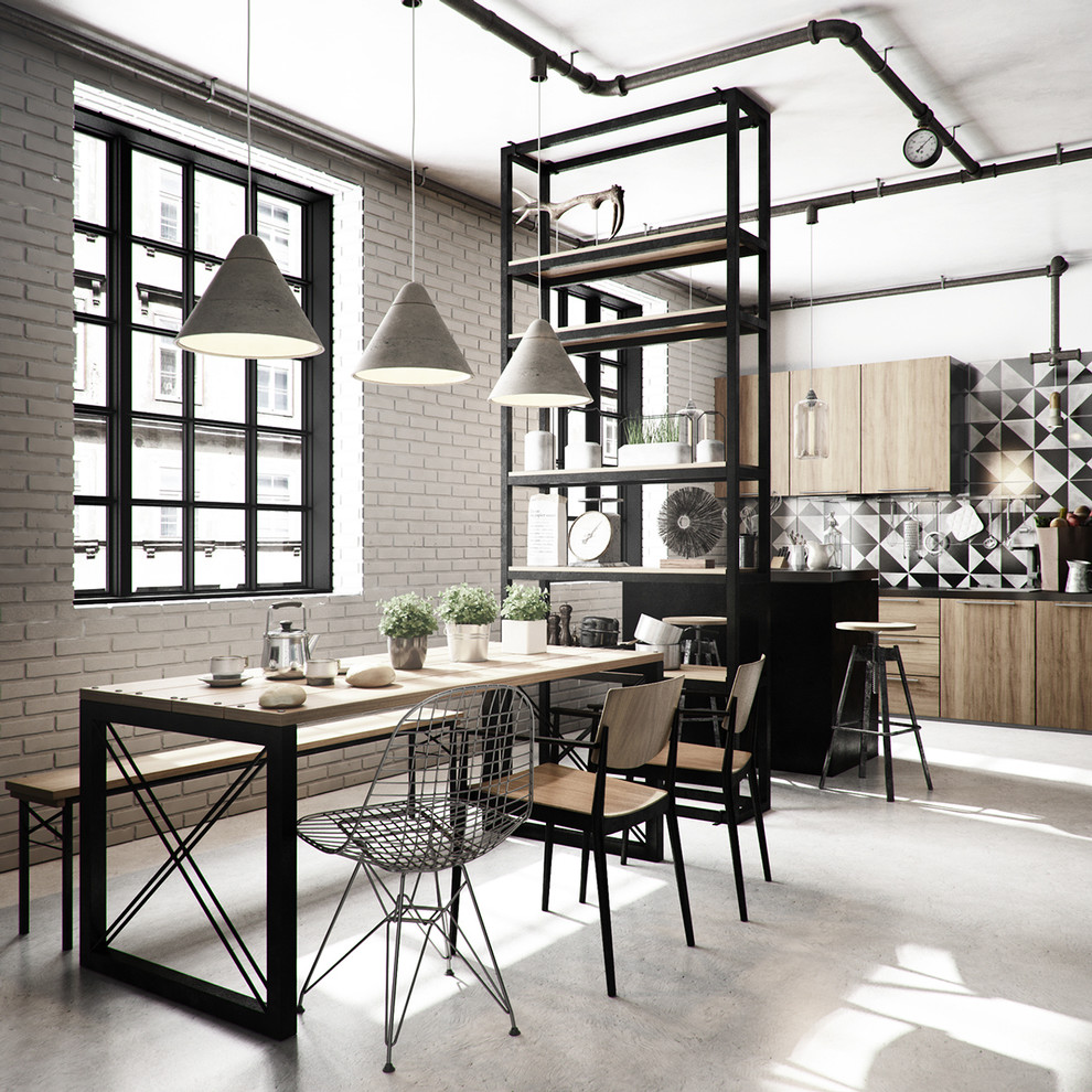 Inspiration for a mid-sized industrial kitchen/dining room combo remodel in Other with no fireplace and white walls