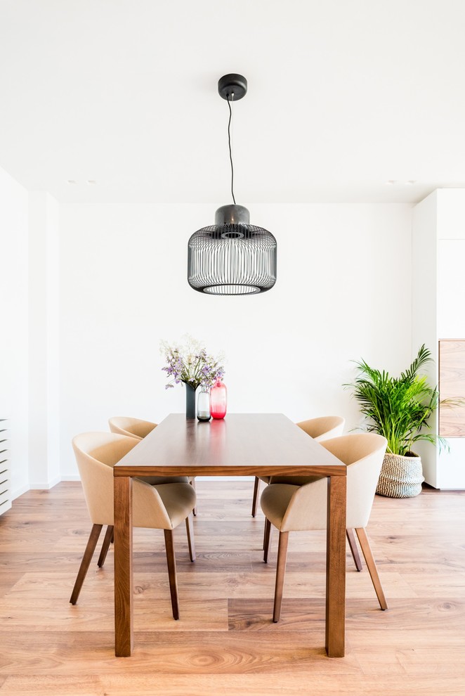 Foto di una sala da pranzo aperta verso il soggiorno scandinava di medie dimensioni con pareti bianche, pavimento in legno massello medio e pavimento marrone
