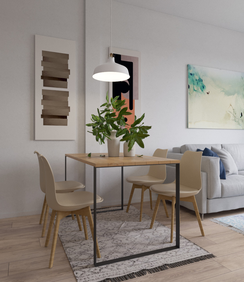 Свежая идея для дизайна: маленькая гостиная-столовая в скандинавском стиле с белыми стенами для на участке и в саду - отличное фото интерьера