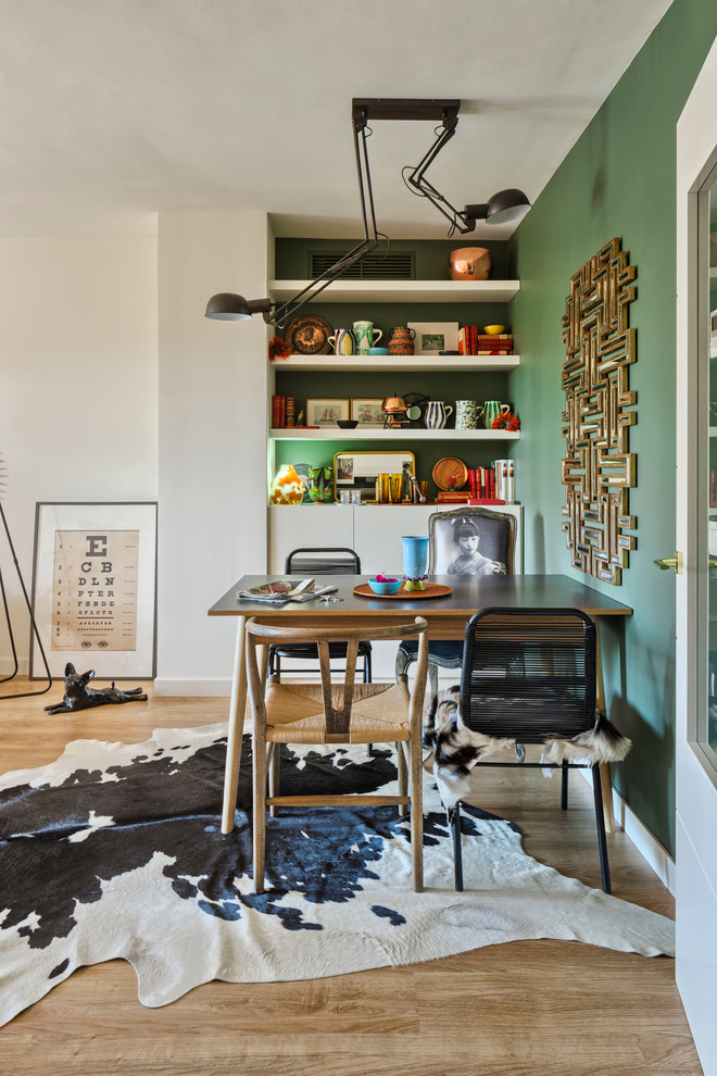 Mid-sized eclectic light wood floor great room photo in Malaga with green walls and no fireplace