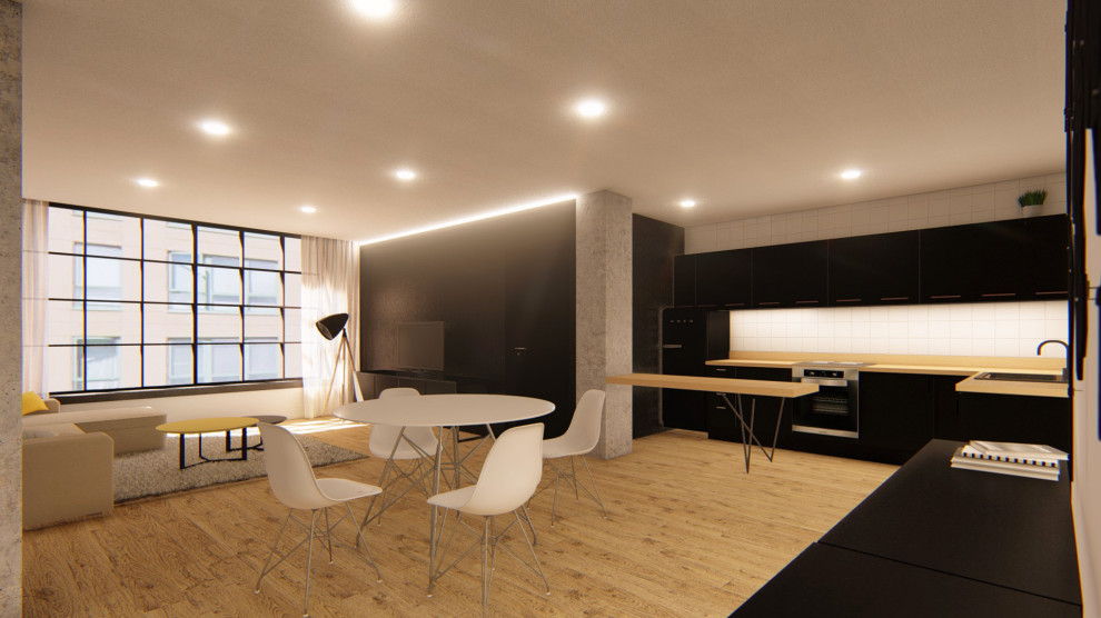 Idée de décoration pour une salle à manger ouverte sur le salon urbaine de taille moyenne avec un mur noir et un sol en bois brun.