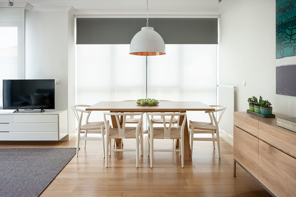Diseño de comedor minimalista de tamaño medio abierto con paredes blancas y suelo de madera en tonos medios