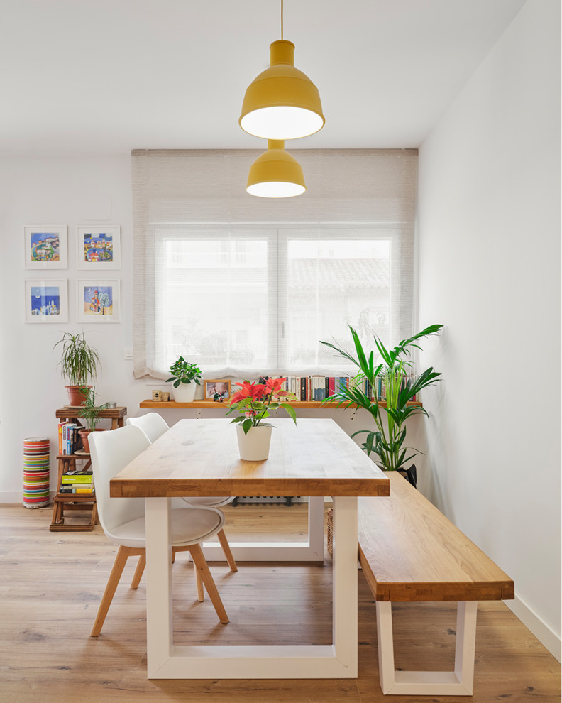 Inspiration för stora minimalistiska matplatser, med vita väggar och mellanmörkt trägolv
