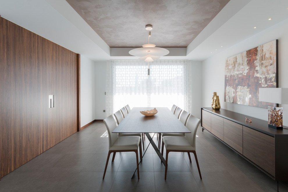 Großes, Geschlossenes Modernes Esszimmer mit weißer Wandfarbe und grauem Boden in Sonstige
