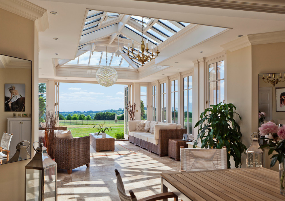 Large classic conservatory in Other with travertine flooring, no fireplace and a glass ceiling.