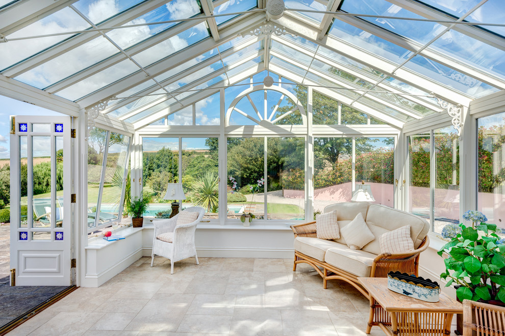 Design ideas for a large traditional conservatory in Devon with ceramic flooring, a glass ceiling and no fireplace.