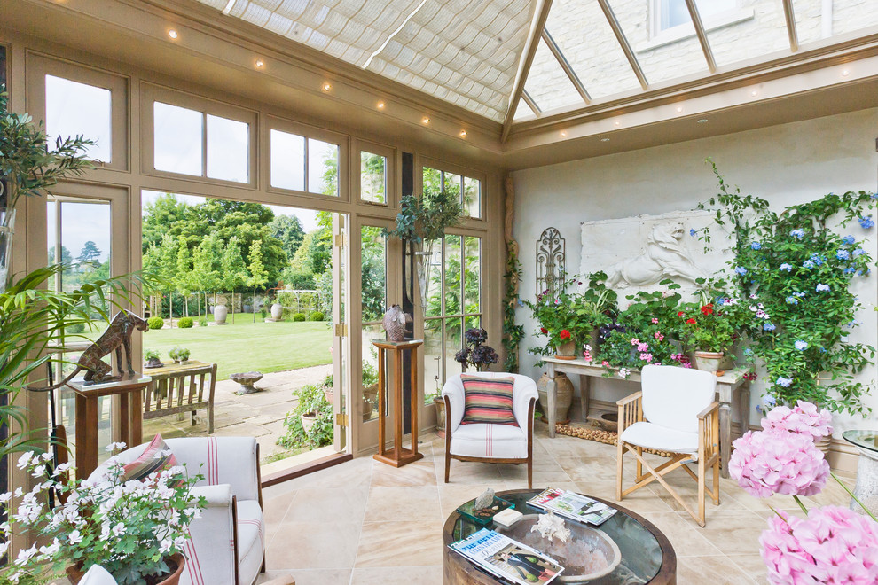 Inspiration for a large classic conservatory in Other with travertine flooring, no fireplace and a glass ceiling.