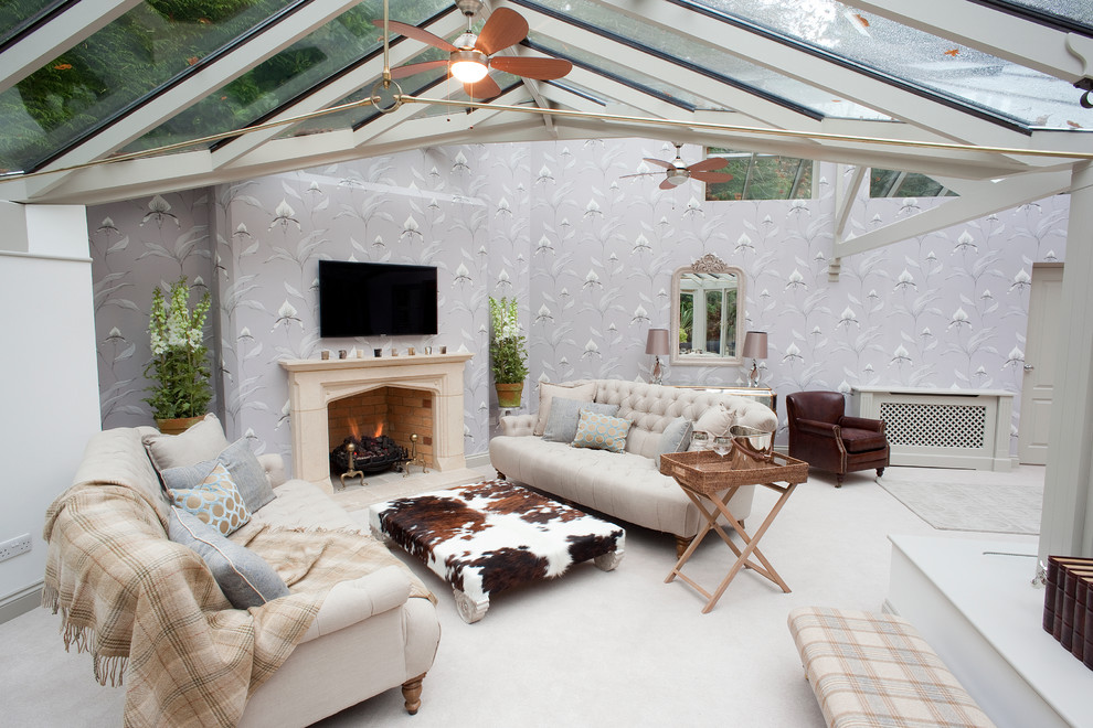 Inspiration for a farmhouse conservatory in Dorset with a brick fireplace surround and a glass ceiling.