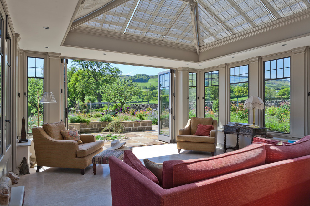 Large traditional conservatory in Other with travertine flooring, no fireplace and a glass ceiling.