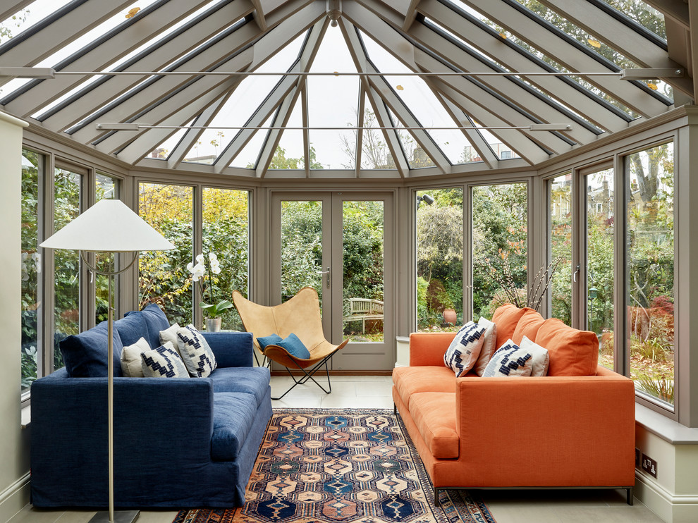 Sunroom - contemporary sunroom idea in London with no fireplace and a glass ceiling