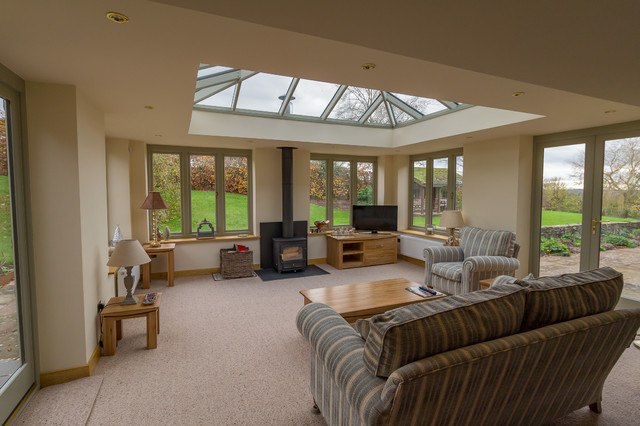 Linked Living Room Orangery Style with Woodburner - Modern - Sunroom - West  Midlands - by Atrium Hardwood | Houzz