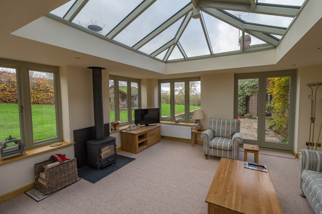 Linked Living Room Orangery Style with Woodburner - Modern - Conservatory -  West Midlands - by Atrium Hardwood | Houzz IE