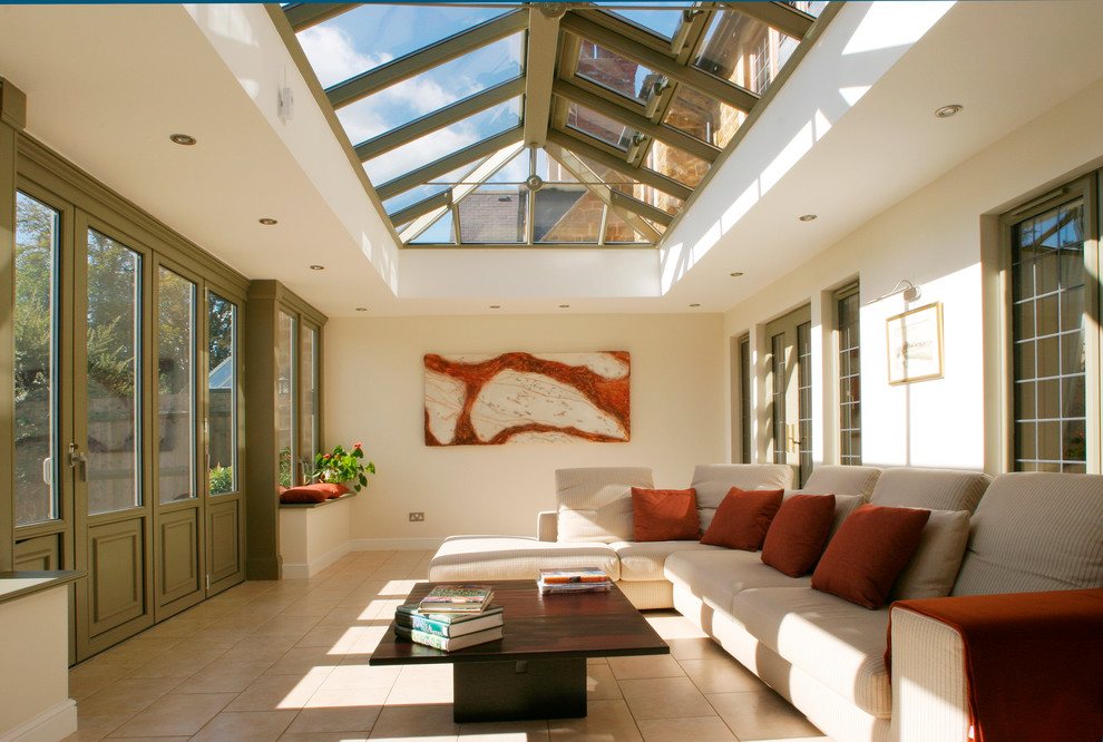 Medium sized classic conservatory in Oxfordshire with no fireplace, a glass ceiling, ceramic flooring and beige floors.