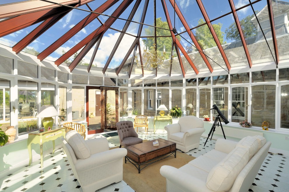 Design ideas for an expansive contemporary conservatory in Other with ceramic flooring and a glass ceiling.