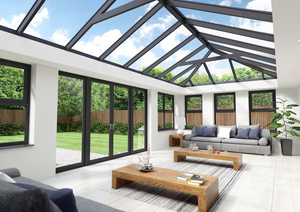 Contemporary conservatory in Other with a glass ceiling and white floors.