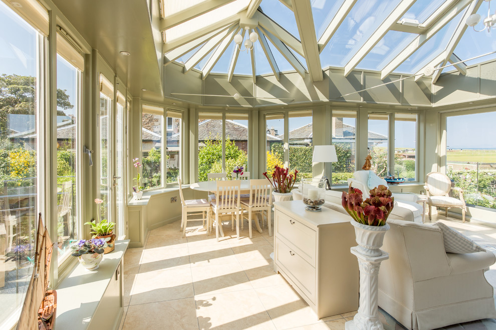 This is an example of a medium sized nautical conservatory in Other with ceramic flooring, a wood burning stove, a stone fireplace surround, a glass ceiling and multi-coloured floors.