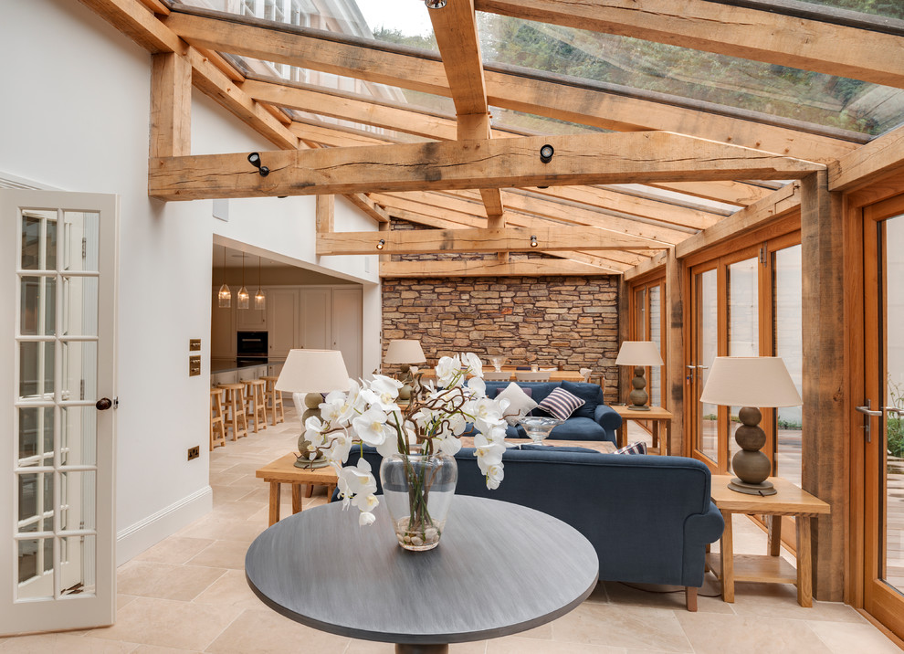Nautical conservatory in Devon with a glass ceiling and a feature wall.