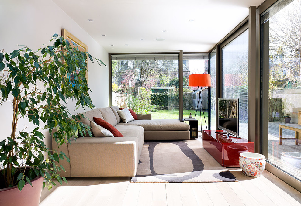 Inspiration for a medium sized contemporary conservatory in Other with light hardwood flooring and a standard ceiling.