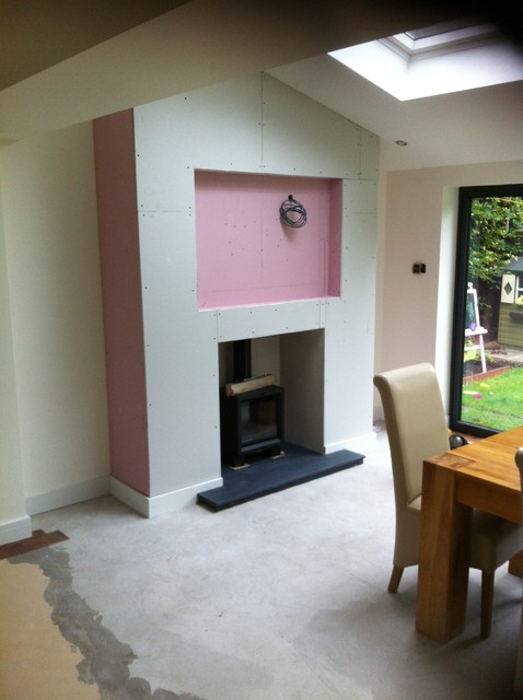 Woodburner in false chimney breast with recessed TV aperture - Contemporary  - Conservatory - Other - by Embers Northeast | Houzz UK