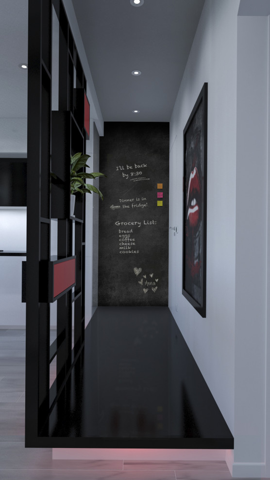 Свежая идея для дизайна: коридор среднего размера в современном стиле с белыми стенами, деревянным полом и черным полом - отличное фото интерьера