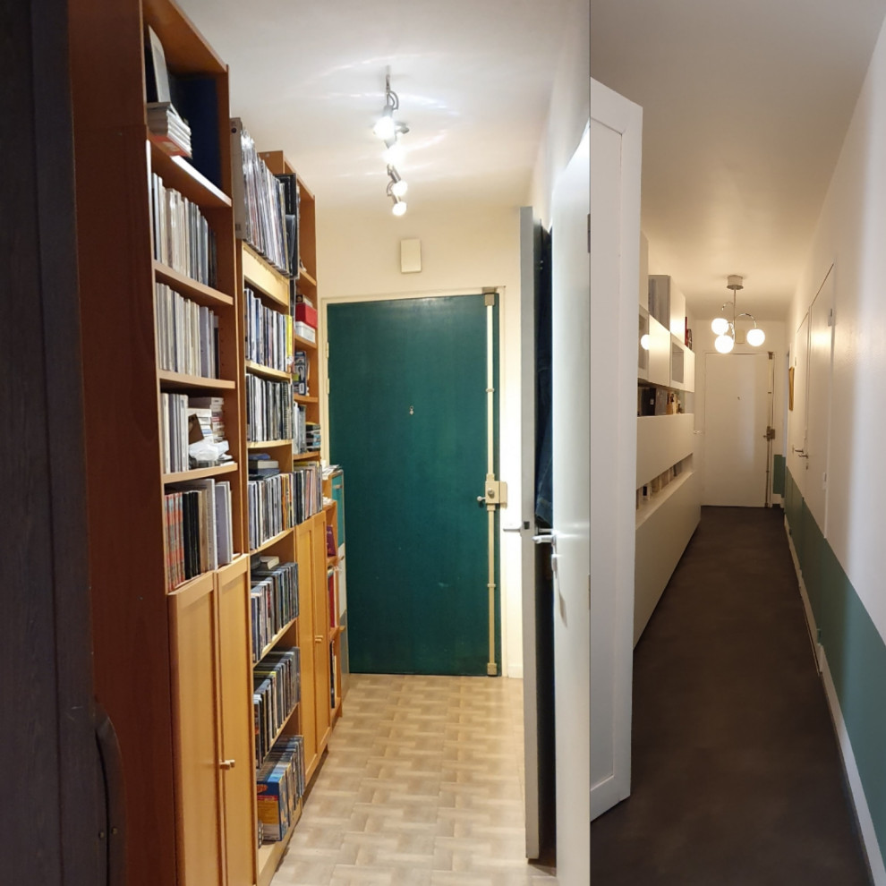 Esempio di un ingresso o corridoio minimal di medie dimensioni con pareti bianche, pavimento in linoleum, pavimento grigio e carta da parati