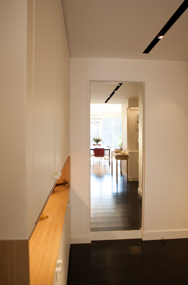 Aménagement d'un couloir contemporain de taille moyenne avec un mur blanc, parquet foncé et un sol noir.