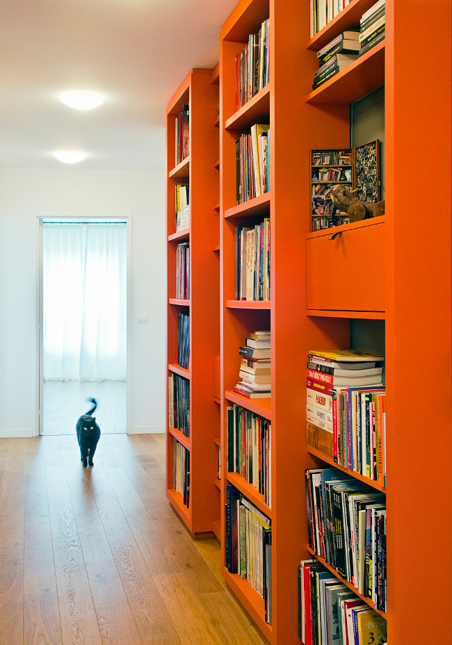 Идея дизайна: коридор среднего размера в современном стиле с бежевыми стенами, полом из фанеры и коричневым полом