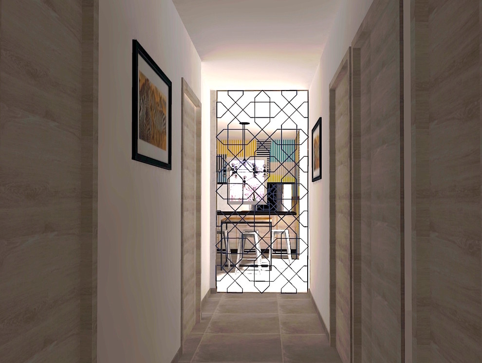 На фото: коридор среднего размера в современном стиле с полом из керамической плитки и бежевым полом с