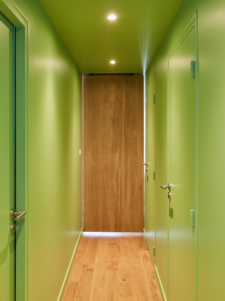 Idee per un ingresso o corridoio minimal di medie dimensioni con pareti verdi, parquet chiaro e pavimento marrone