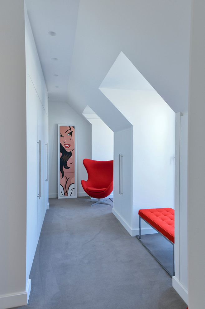 Cette image montre un grand couloir design avec un mur blanc et moquette.