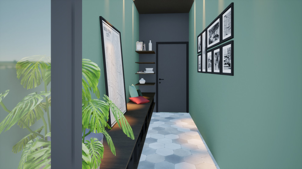 Идея дизайна: маленький коридор в современном стиле с зелеными стенами, полом из керамической плитки и серым полом для на участке и в саду