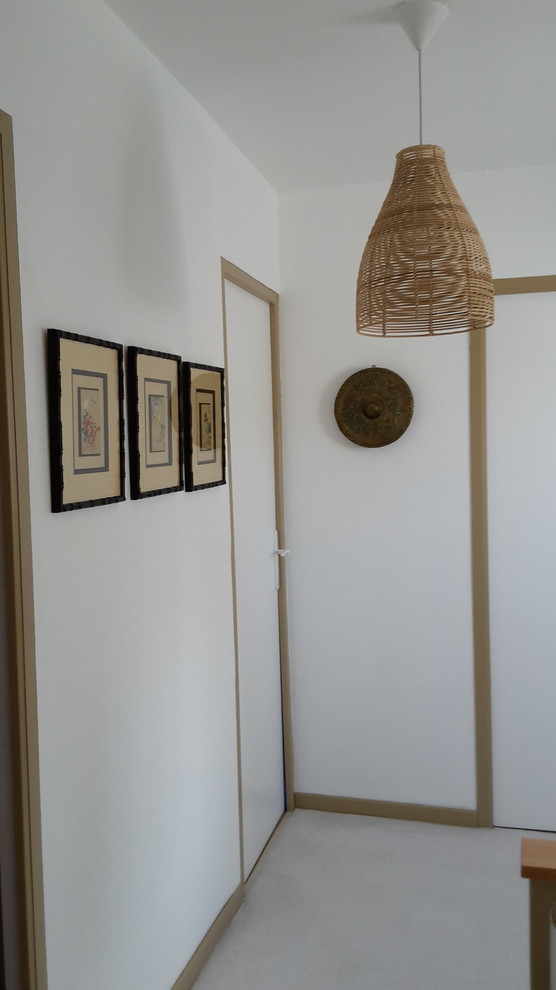 Inspiration pour un petit couloir design avec un mur marron et moquette.