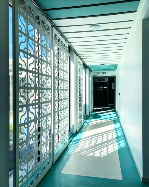 Imagen de recibidores y pasillos grandes con paredes blancas y suelo azul