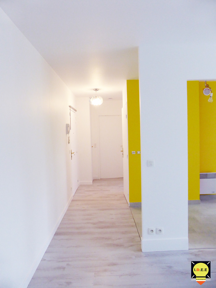 Mid-sized trendy light wood floor hallway photo in Paris