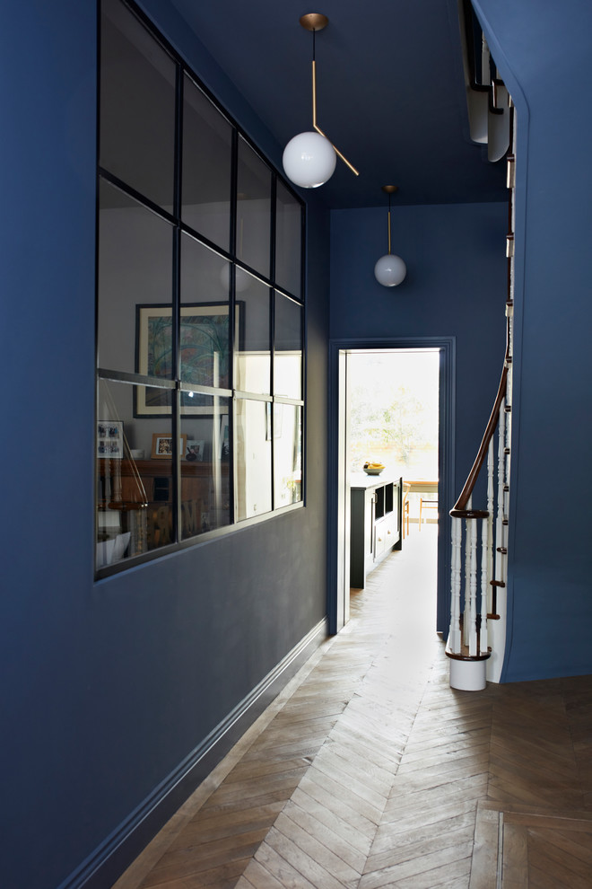 Foto de recibidores y pasillos tradicionales de tamaño medio con paredes azules y suelo de madera en tonos medios