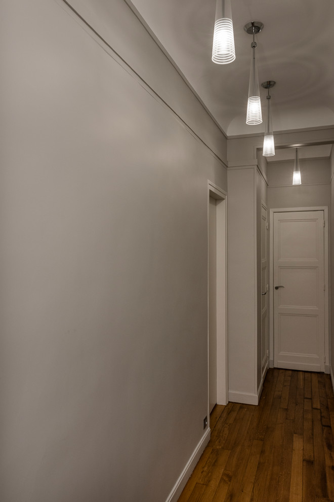 Inspiration for a contemporary light wood floor hallway remodel in Paris with gray walls