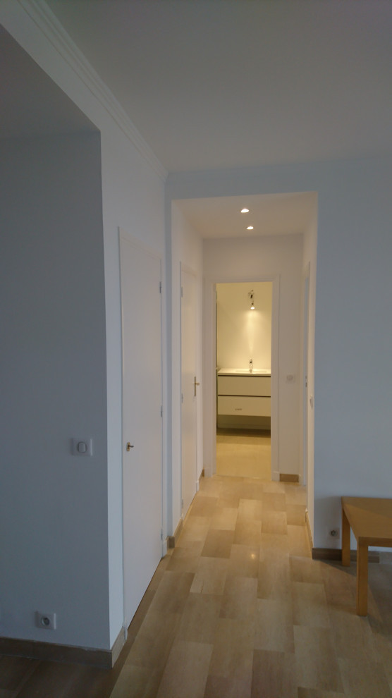 Idée de décoration pour un couloir design de taille moyenne avec un mur blanc, un sol en carrelage de céramique et un sol marron.