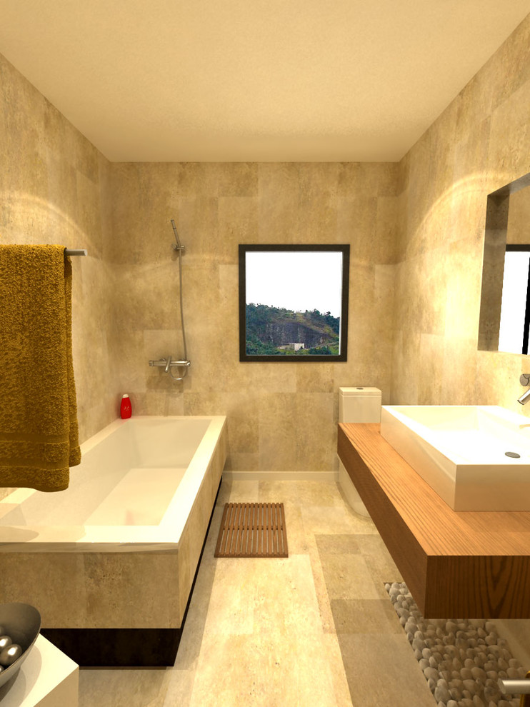 На фото: главная ванная комната среднего размера в современном стиле с накладной ванной, душем над ванной, раздельным унитазом, каменной плиткой, бежевыми стенами, полом из известняка, настольной раковиной и столешницей из дерева